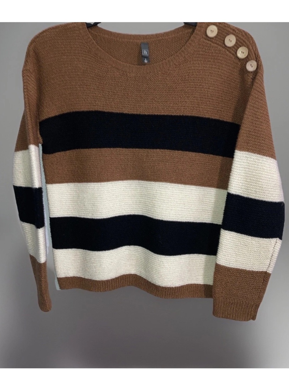 Alya Amber Black Cream Striped Knit Sweater Button Accent Rustic Urban Minimal S